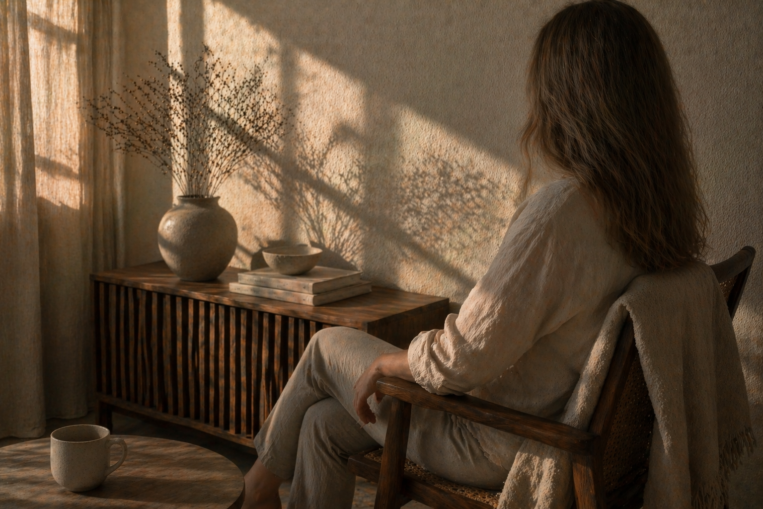 Ирена у топло осветљеном ентеријеру са дрвеним намештајем и природним детаљима.