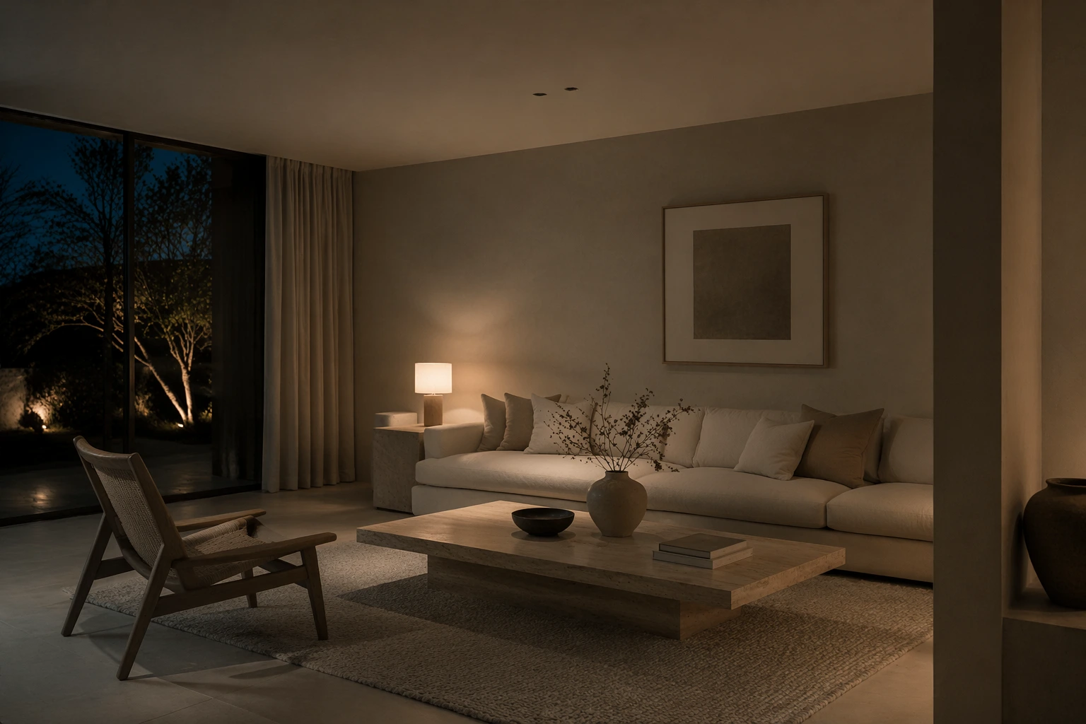 Дневна соба у топлим природним тоновима, дизајн ентеријера.