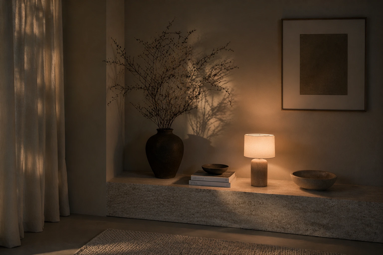 Детаљ ентеријера са дрветом и природним светлом.