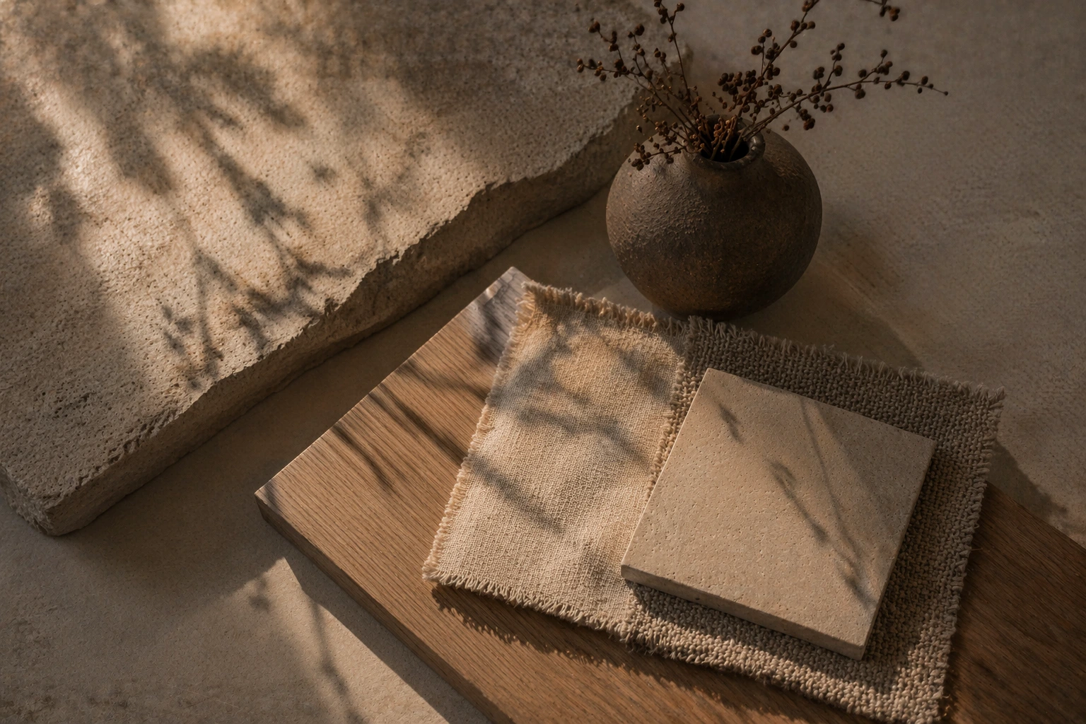 Ентеријер са природним материјалима и топлим тоновима, култура живљења.